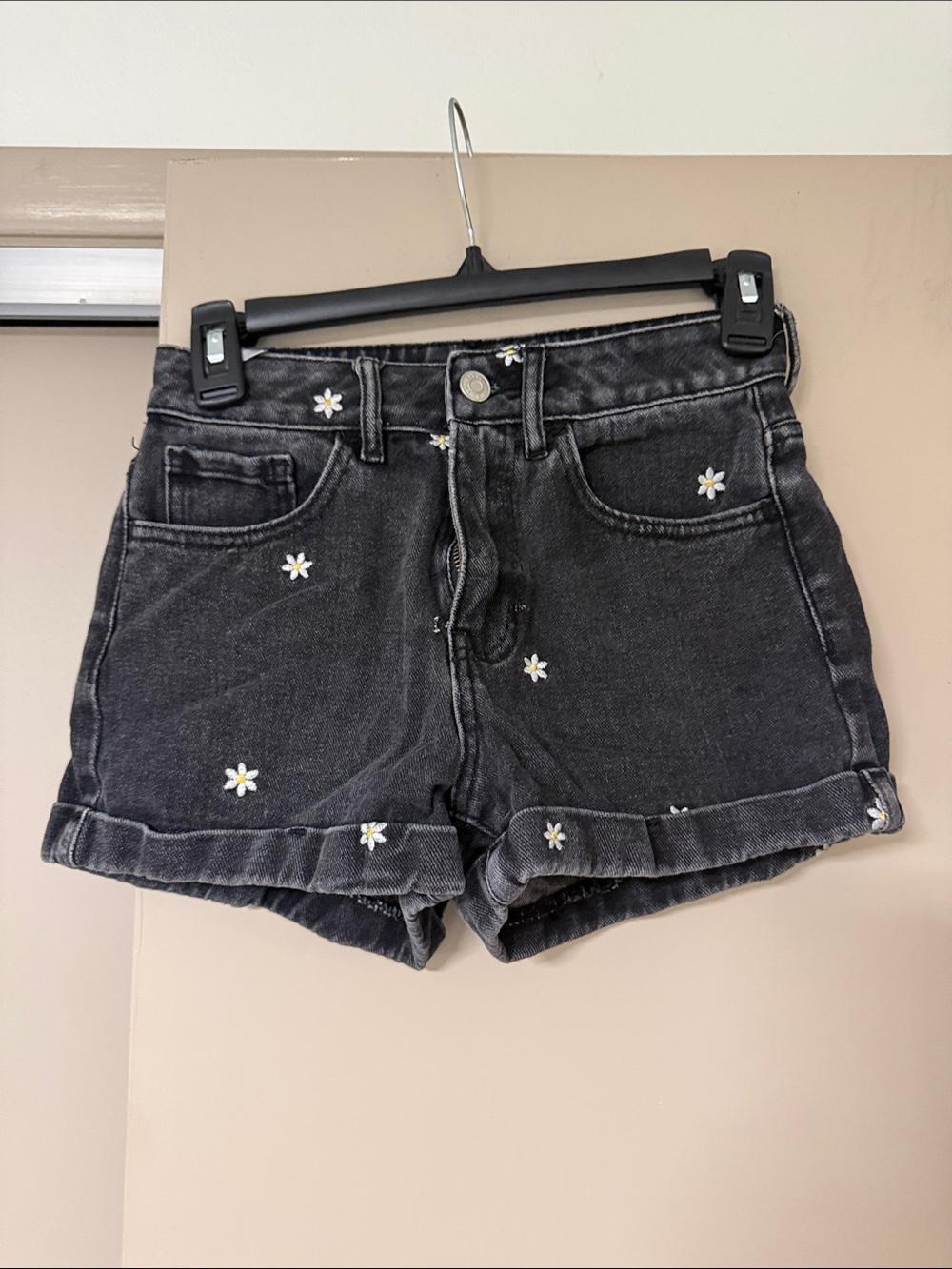 PacSun Black Denim Shorts with White Daisy Embroidery